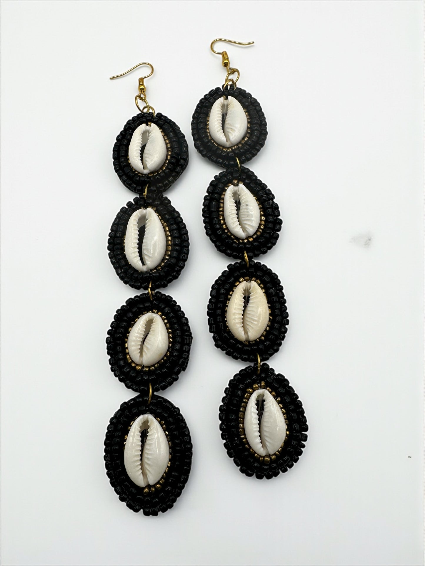 Handmade Long Cowrie Shell Beaded Earrings – Statement Dangle Earrings with Black Beads - Fatisha Boutique #