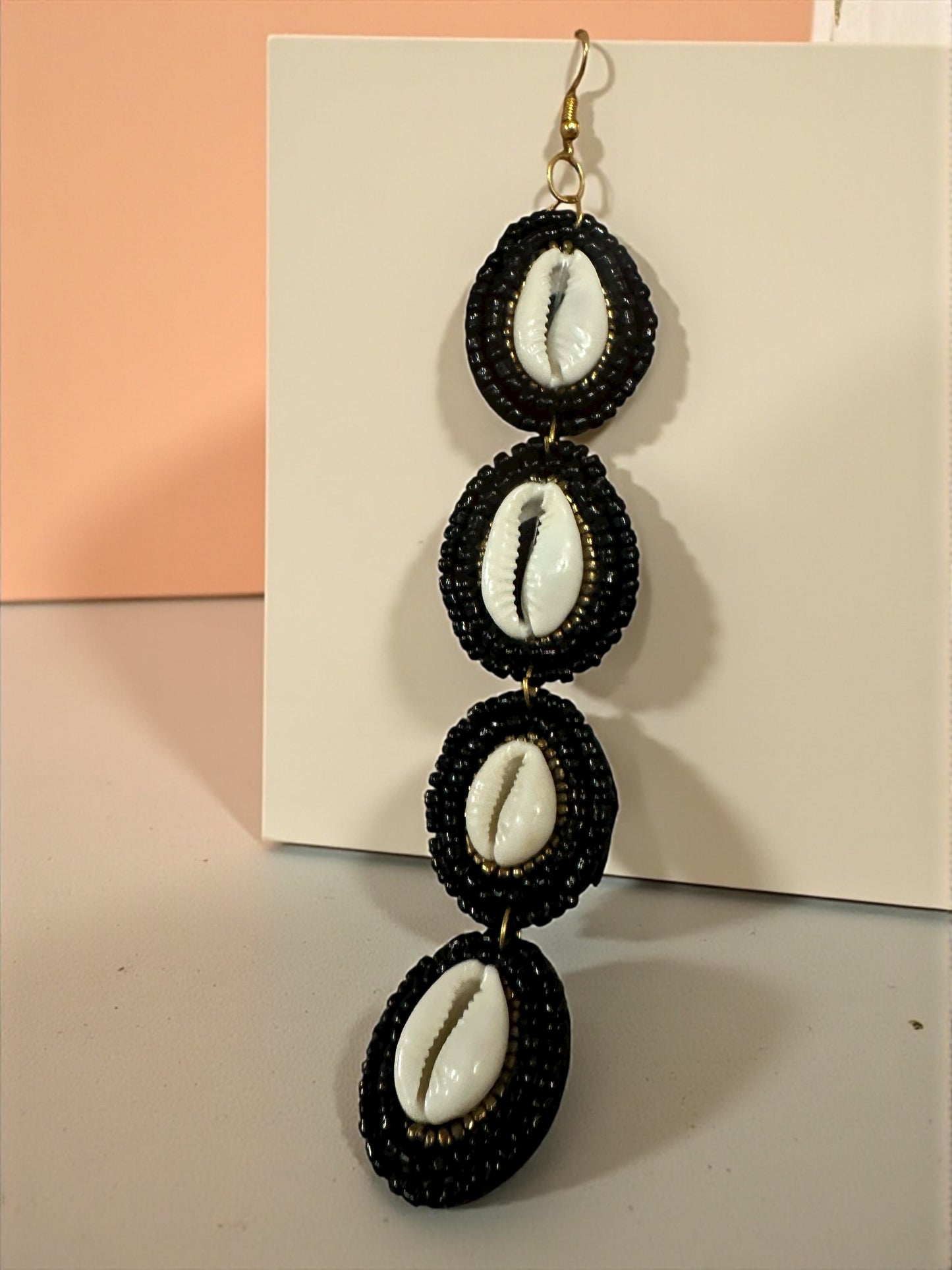 Handmade Long Cowrie Shell Beaded Earrings – Statement Dangle Earrings with Black Beads - Fatisha Boutique #