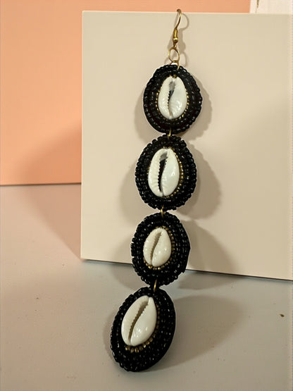 Handmade Long Cowrie Shell Beaded Earrings – Statement Dangle Earrings with Black Beads - Fatisha Boutique #