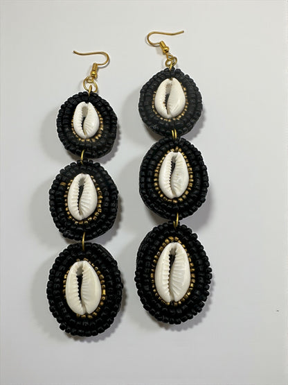 Handmade Long Cowrie Shell Beaded Statement Dangle Earrings – Boho Black & Natural Shell Glam - Fatisha Boutique #