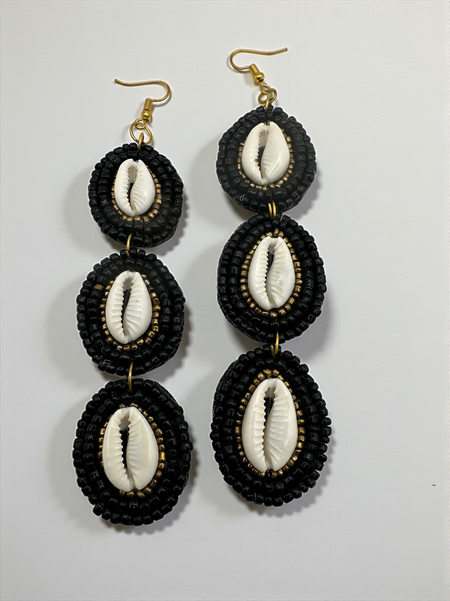 Handmade Long Cowrie Shell Beaded Statement Dangle Earrings – Boho Black & Natural Shell Glam - Fatisha Boutique #