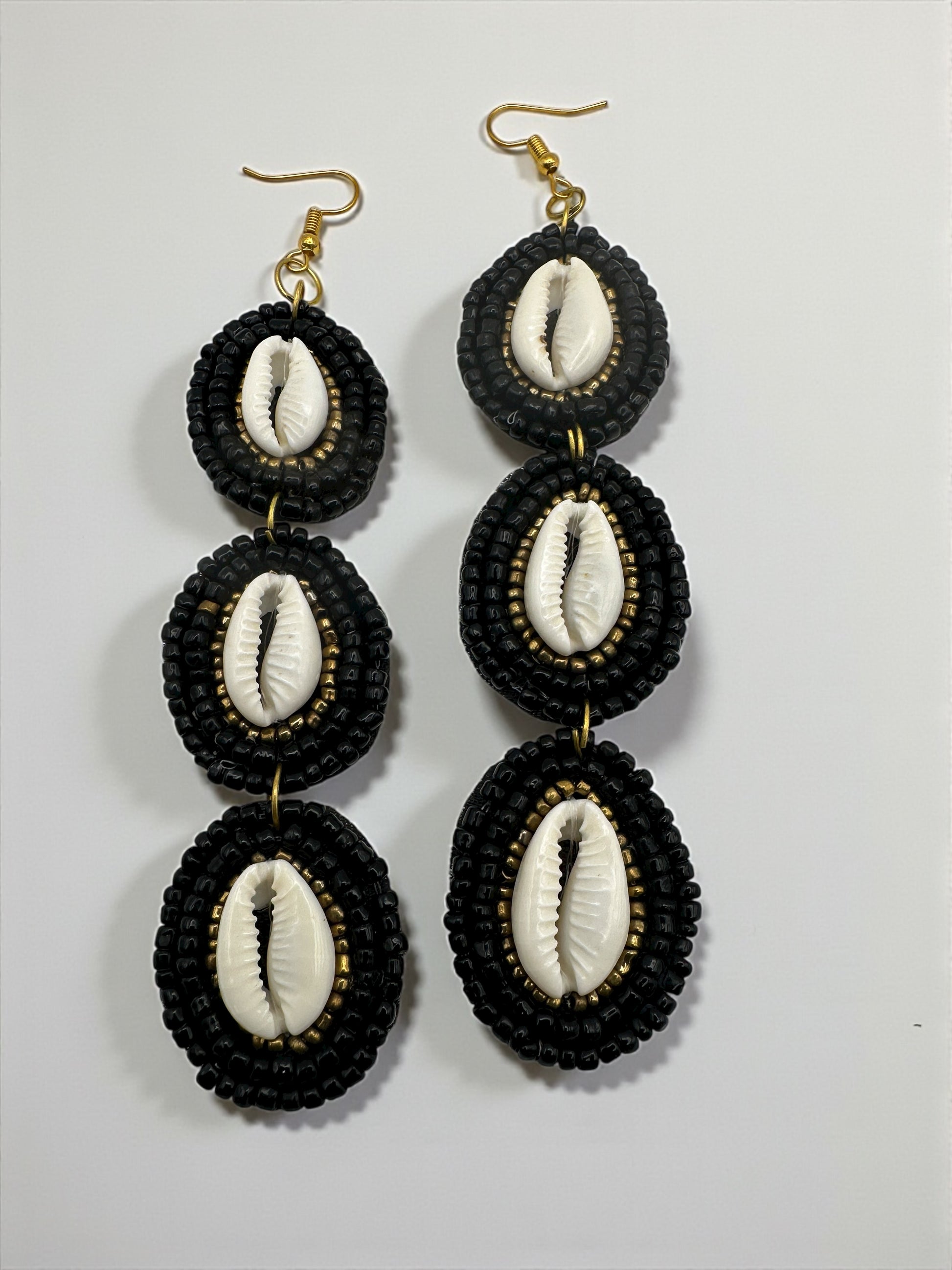 Handmade Long Cowrie Shell Beaded Statement Dangle Earrings – Boho Black & Natural Shell Glam - Fatisha Boutique #