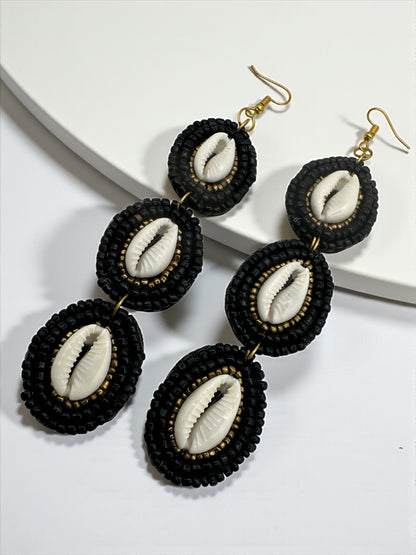 Handmade Long Cowrie Shell Beaded Statement Dangle Earrings – Boho Black & Natural Shell Glam - Fatisha Boutique #