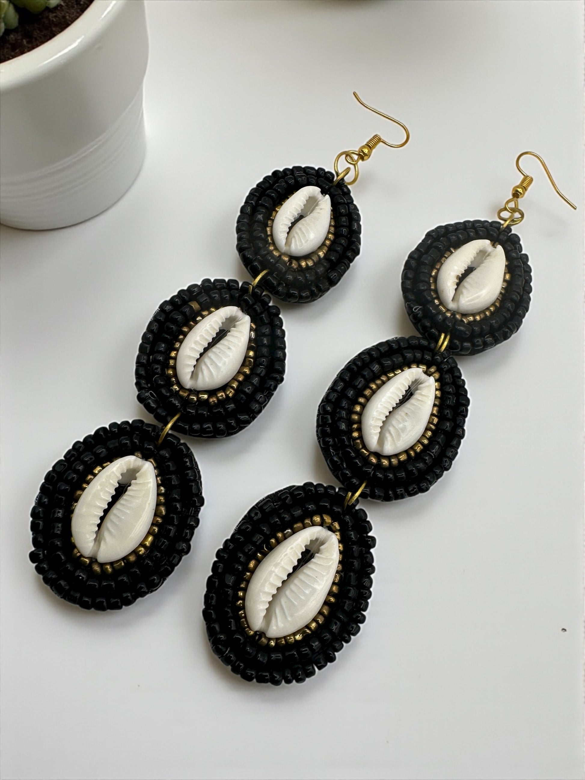 Handmade Long Cowrie Shell Beaded Statement Dangle Earrings – Boho Black & Natural Shell Glam - Fatisha Boutique #