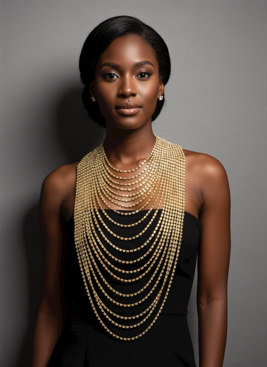 Elegant Multi-Layer Rhinestone Statement Necklace – Luxury Crystal Bib Collar in Gold & Silver - Fatisha Boutique #