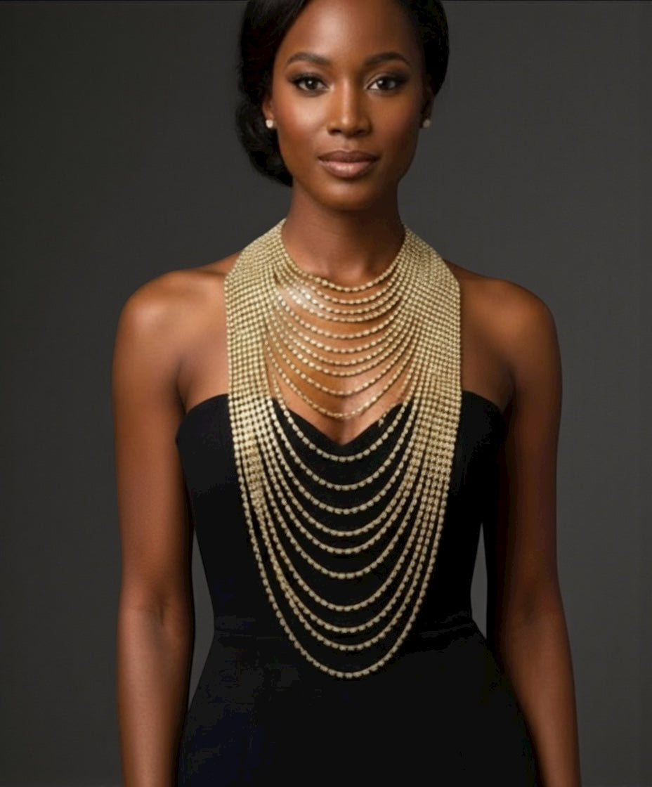 Elegant Multi-Layer Rhinestone Statement Necklace – Luxury Crystal Bib Collar in Gold & Silver - Fatisha Boutique #