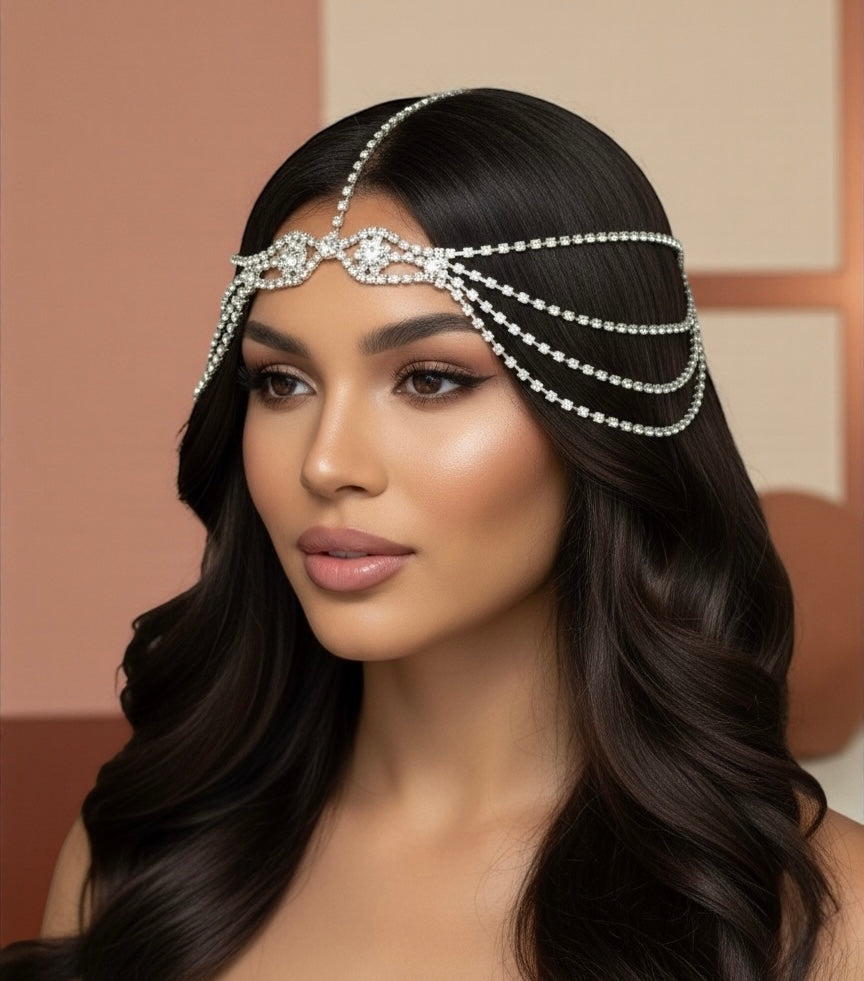 Gatsby Bridal Rhinestone Hair Chain Headpiece – Vintage Gold & Silver Diamanté Hair Jewellery - Fatisha Boutique #