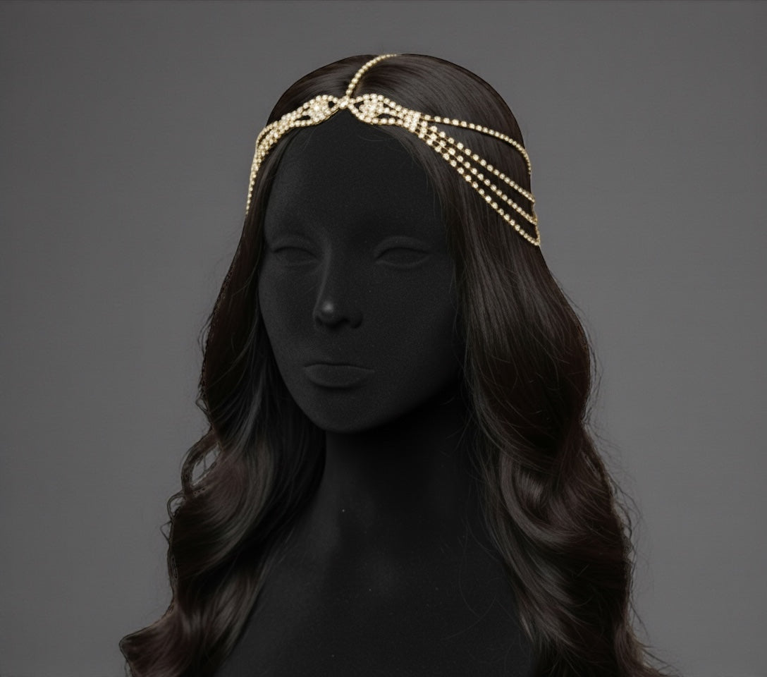 Gatsby Bridal Rhinestone Hair Chain Headpiece – Vintage Gold & Silver Diamanté Hair Jewellery - Fatisha Boutique #