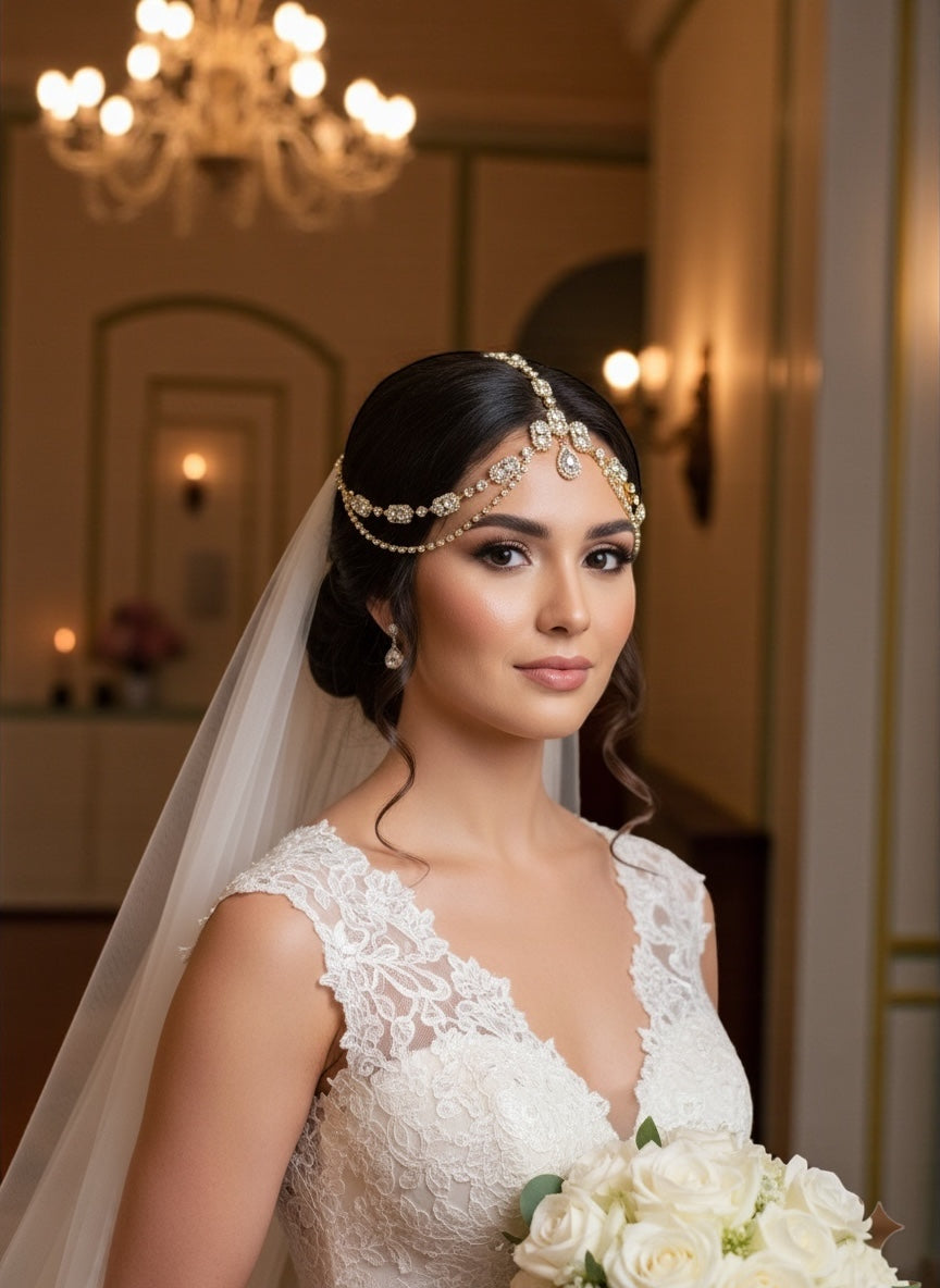 Regal Crystal Bridal Forehead Headpiece – Gold & Silver Rhinestone Hair Jewelry for Weddings & Special Occasions - Fatisha Boutique #