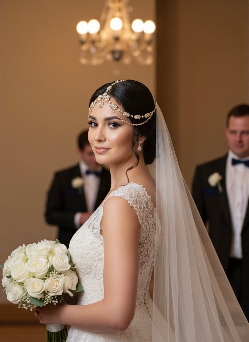 Regal Crystal Bridal Forehead Headpiece – Gold & Silver Rhinestone Hair Jewelry for Weddings & Special Occasions - Fatisha Boutique #