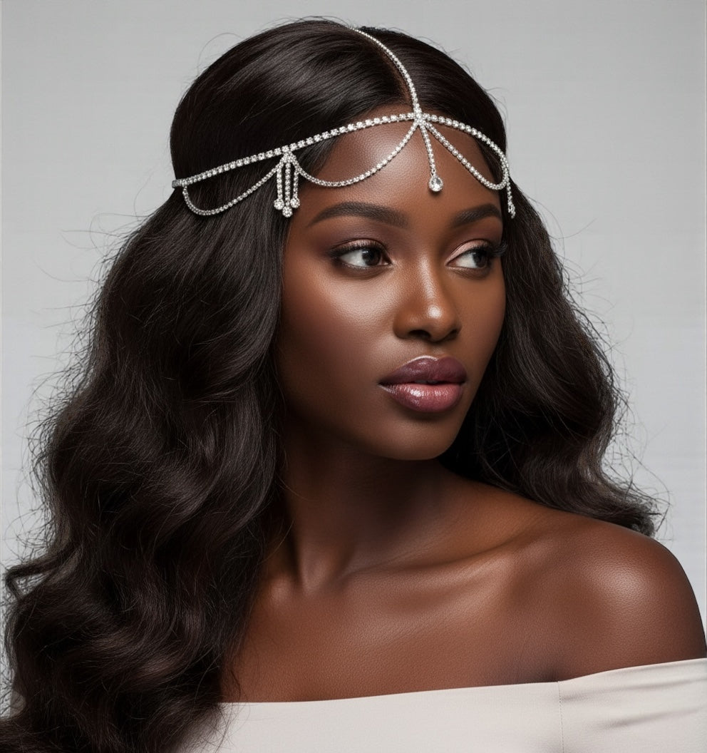 Gatsby Bridal Rhinestone Draped Forehead Head Chain – Gold & Silver Crystal Headpiece - Fatisha Boutique #