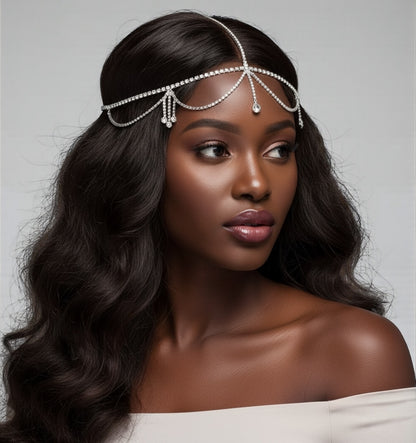 Gatsby Bridal Rhinestone Draped Forehead Head Chain – Gold & Silver Crystal Headpiece - Fatisha Boutique #