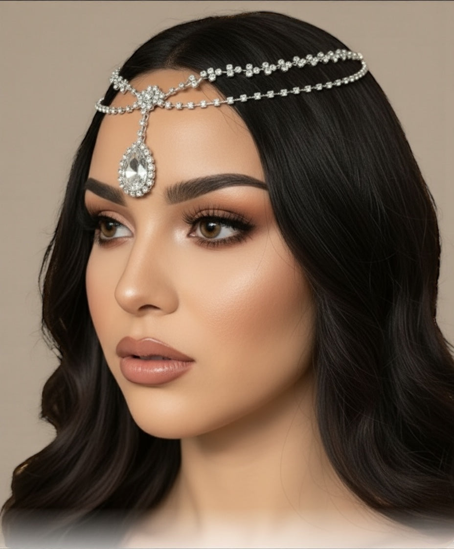 Elegant Bridal Crystal Head Chain Headpiece – Rhinestone Forehead Jewelry in Gold & Silver - Fatisha Boutique #