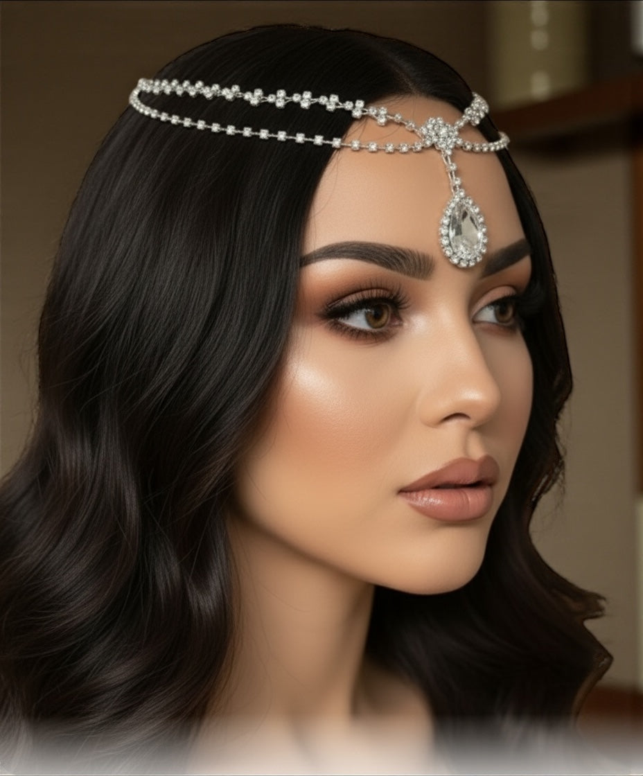 Elegant Bridal Crystal Head Chain Headpiece – Rhinestone Forehead Jewelry in Gold & Silver - Fatisha Boutique #
