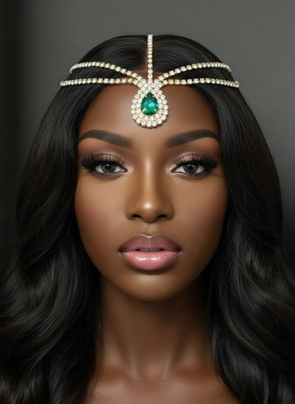 Emerald Crystal Teardrop Rhinestone Headpiece – Multi-Strand Forehead Jewellery in Gold & Silver - Fatisha Boutique #