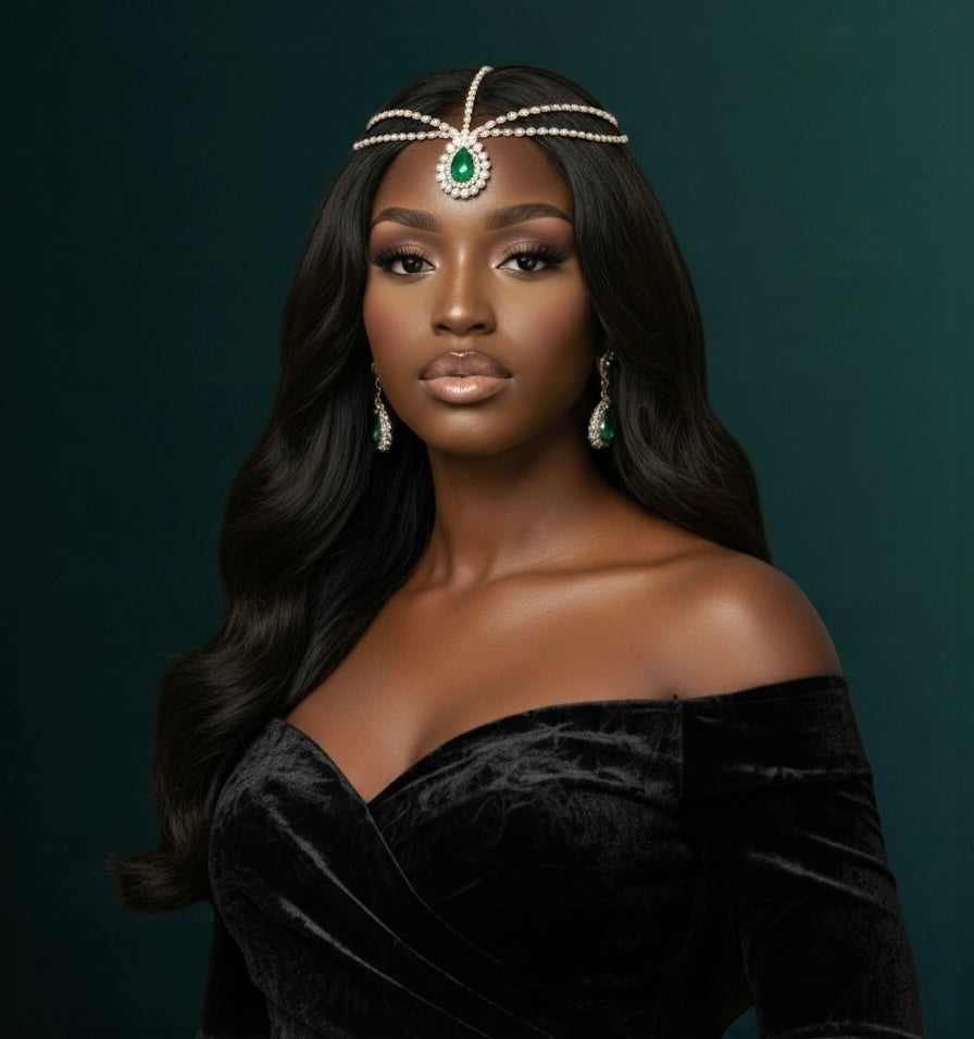 Emerald Crystal Teardrop Rhinestone Headpiece – Multi-Strand Forehead Jewellery in Gold & Silver - Fatisha Boutique #
