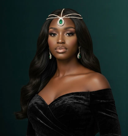 Emerald Crystal Teardrop Rhinestone Headpiece – Multi-Strand Forehead Jewellery in Gold & Silver - Fatisha Boutique #