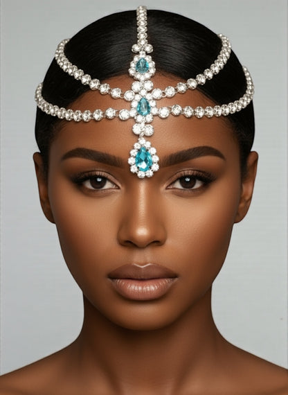 Blue Crystal Tassel Headpiece – Multi-Layered Rhinestone Forehead Hair Jewellery in Gold & Silver - Fatisha Boutique #