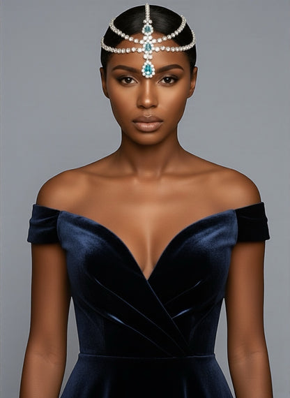 Blue Crystal Tassel Headpiece – Multi-Layered Rhinestone Forehead Hair Jewellery in Gold & Silver - Fatisha Boutique #