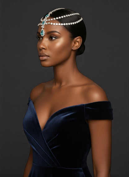 Blue Crystal Tassel Headpiece – Multi-Layered Rhinestone Forehead Hair Jewellery in Gold & Silver - Fatisha Boutique #