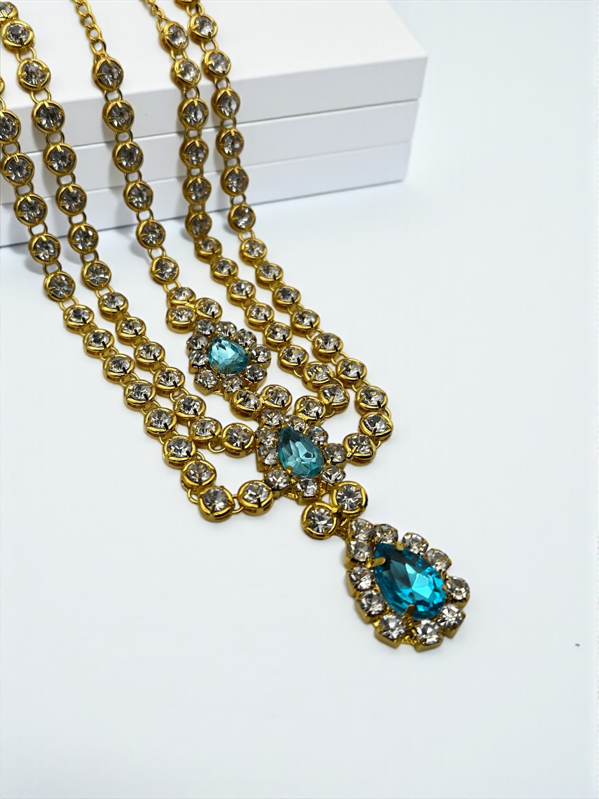 Blue Crystal Tassel Headpiece – Multi-Layered Rhinestone Forehead Hair Jewellery in Gold & Silver - Fatisha Boutique #