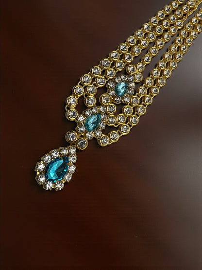 Blue Crystal Tassel Headpiece – Multi-Layered Rhinestone Forehead Hair Jewellery in Gold & Silver - Fatisha Boutique #