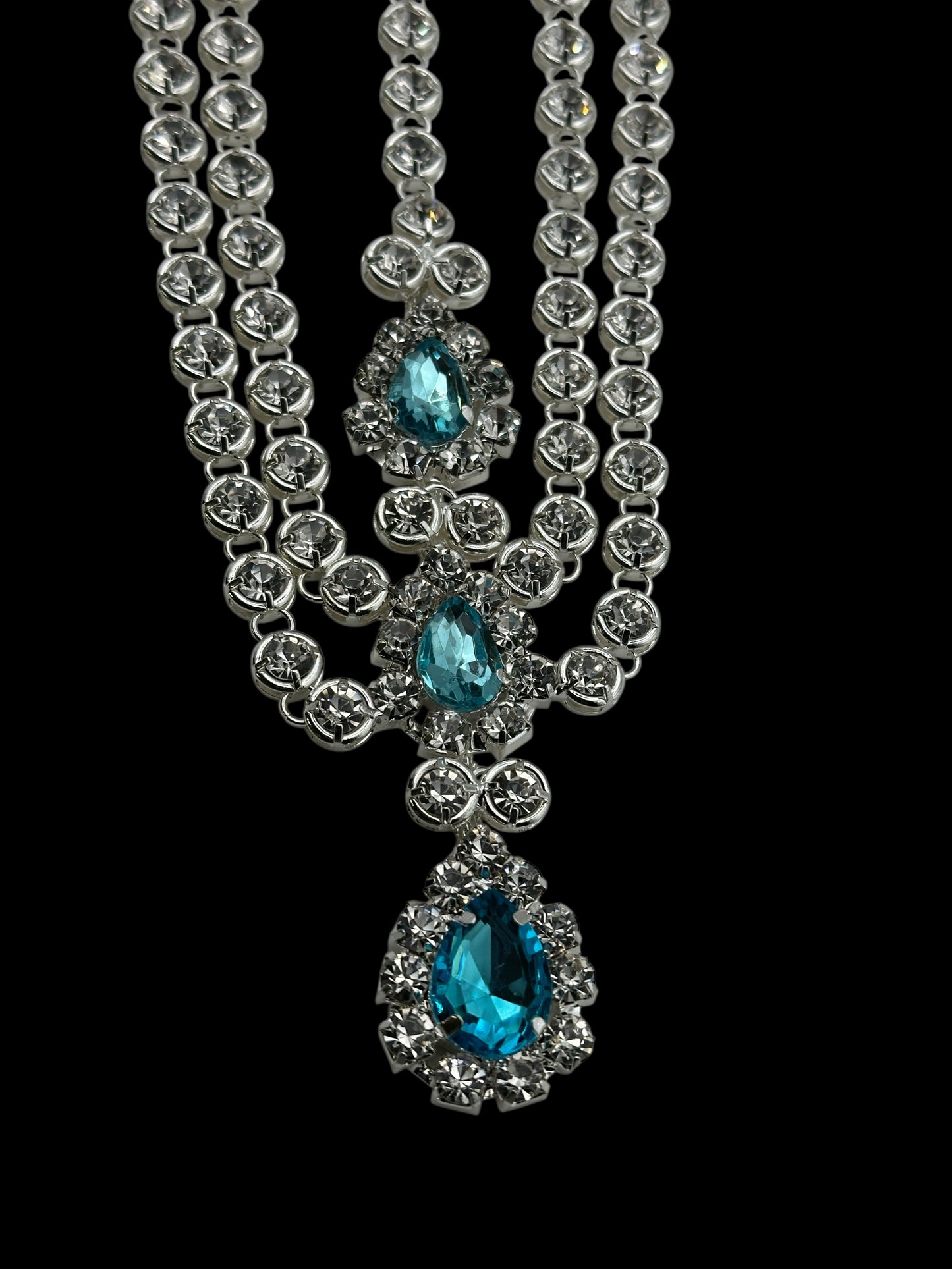 Blue Crystal Tassel Headpiece – Multi-Layered Rhinestone Forehead Hair Jewellery in Gold & Silver - Fatisha Boutique # Fatisha Boutique