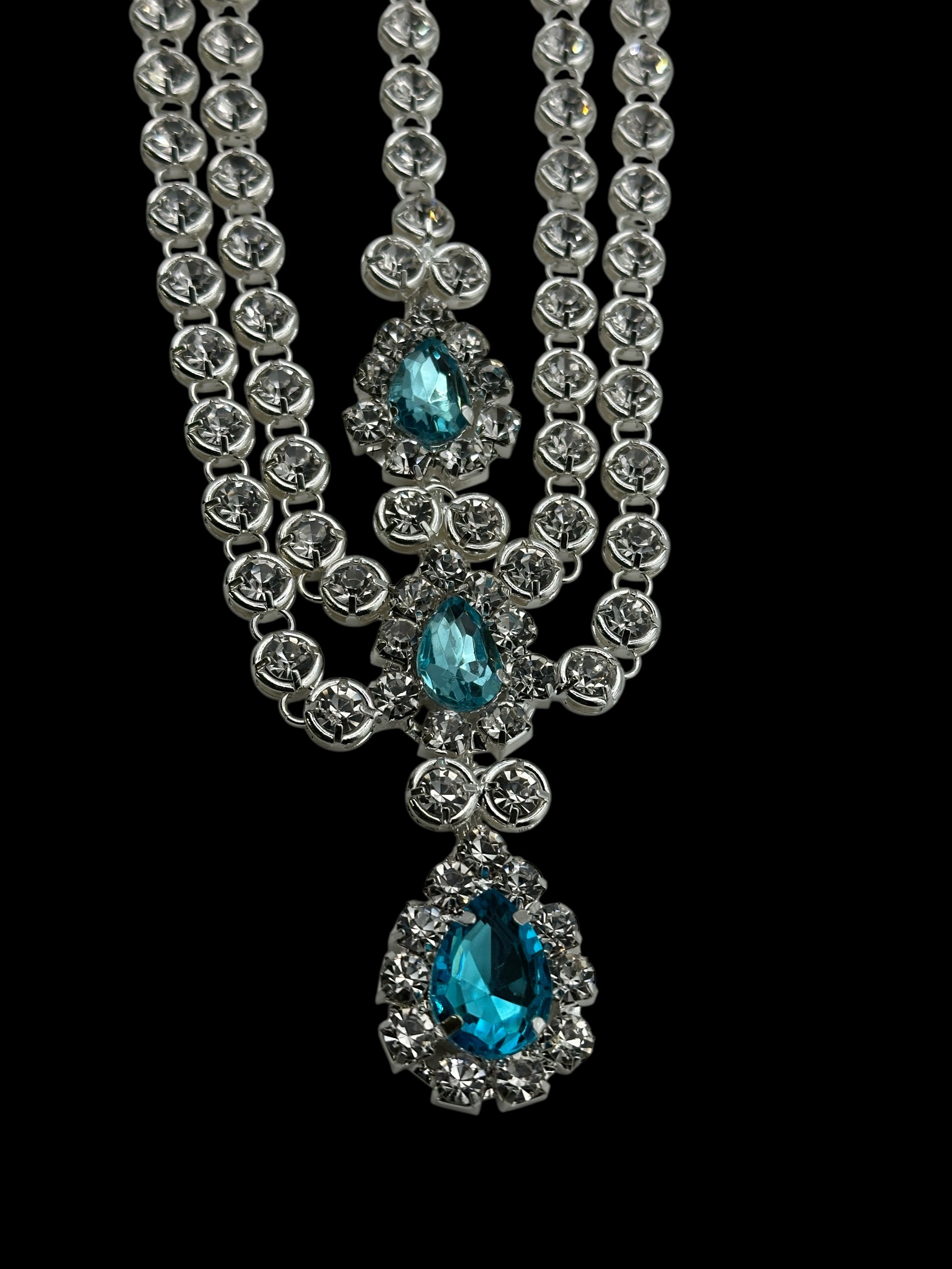 Blue Crystal Tassel Headpiece – Multi-Layered Rhinestone Forehead Hair Jewellery in Gold & Silver - Fatisha Boutique #