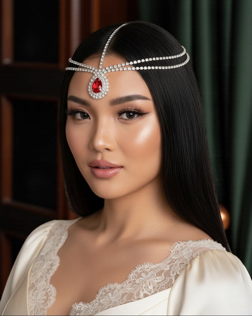 Bold Red Crystal Teardrop Rhinestone Headpiece – Multi-Strand Forehead Jewellery in Gold & Silver - Fatisha Boutique #