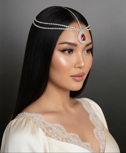 Bold Red Crystal Teardrop Rhinestone Headpiece – Multi-Strand Forehead Jewellery in Gold & Silver - Fatisha Boutique #