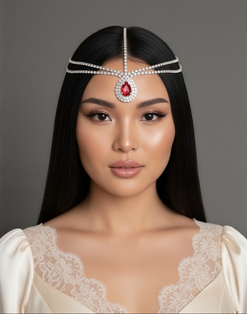 Bold Red Crystal Teardrop Rhinestone Headpiece – Multi-Strand Forehead Jewellery in Gold & Silver - Fatisha Boutique #