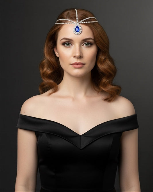 Royal Blue Teardrop Rhinestone Head Chain – Luxury Statement Crystal Forehead Jewellery - Fatisha Boutique #