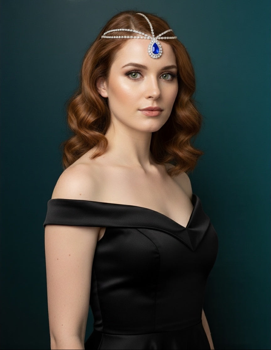 Royal Blue Teardrop Rhinestone Head Chain – Luxury Statement Crystal Forehead Jewellery - Fatisha Boutique #