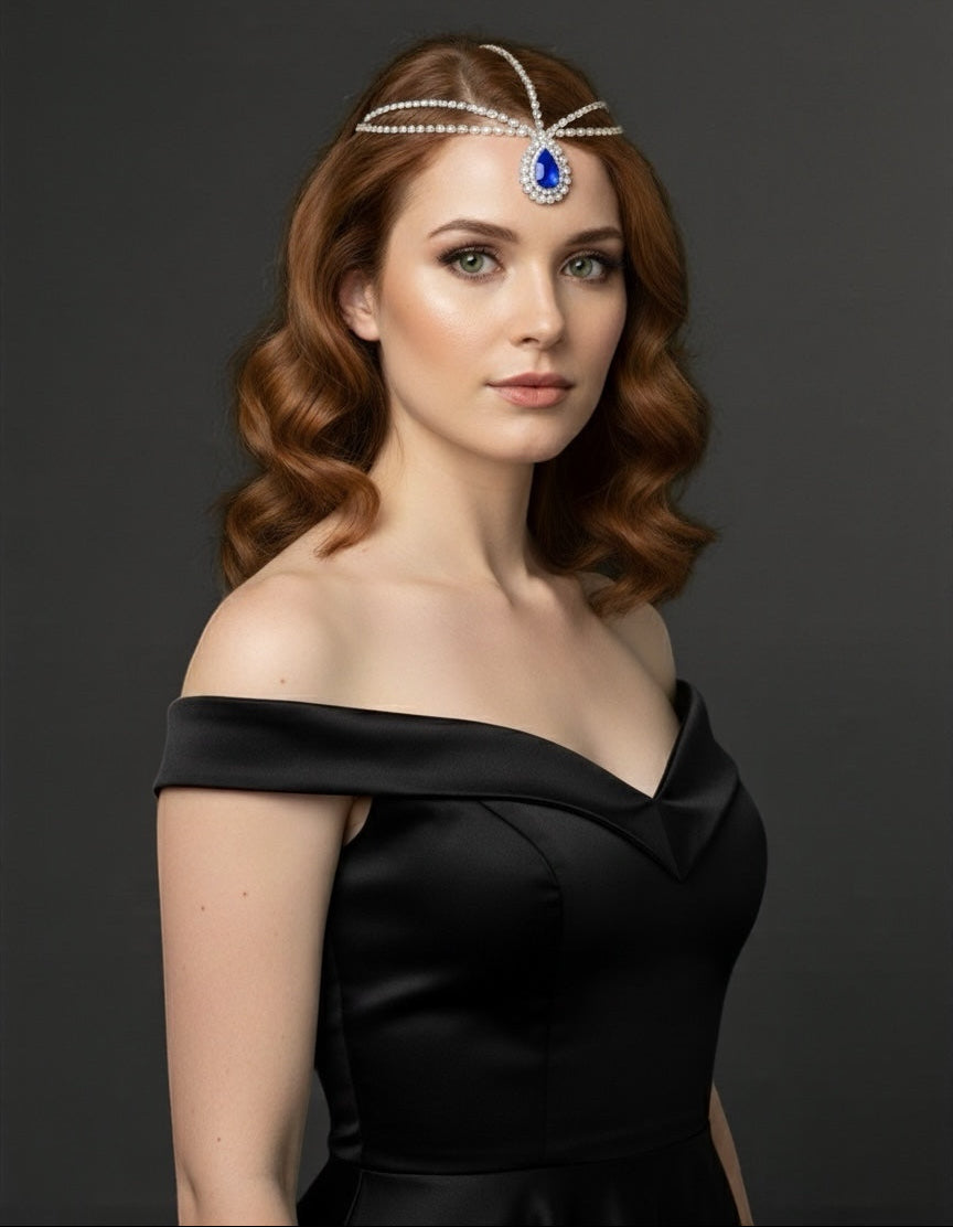 Royal Blue Teardrop Rhinestone Head Chain – Luxury Statement Crystal Forehead Jewellery - Fatisha Boutique #