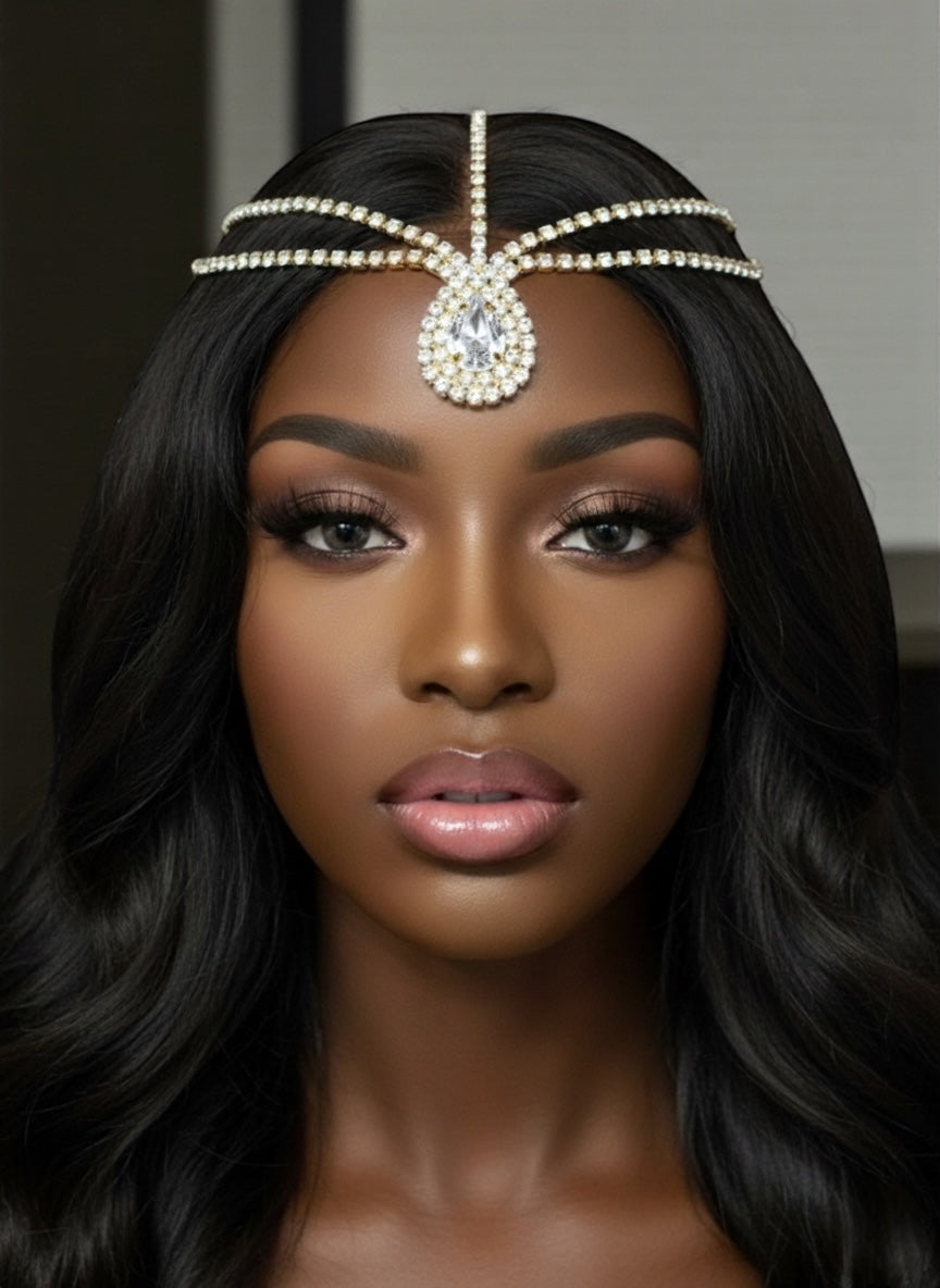 Glamorous Teardrop Crystal Forehead Headpiece – Multi-Strand Bridal Hair Jewellery in Gold & Silver - Fatisha Boutique #
