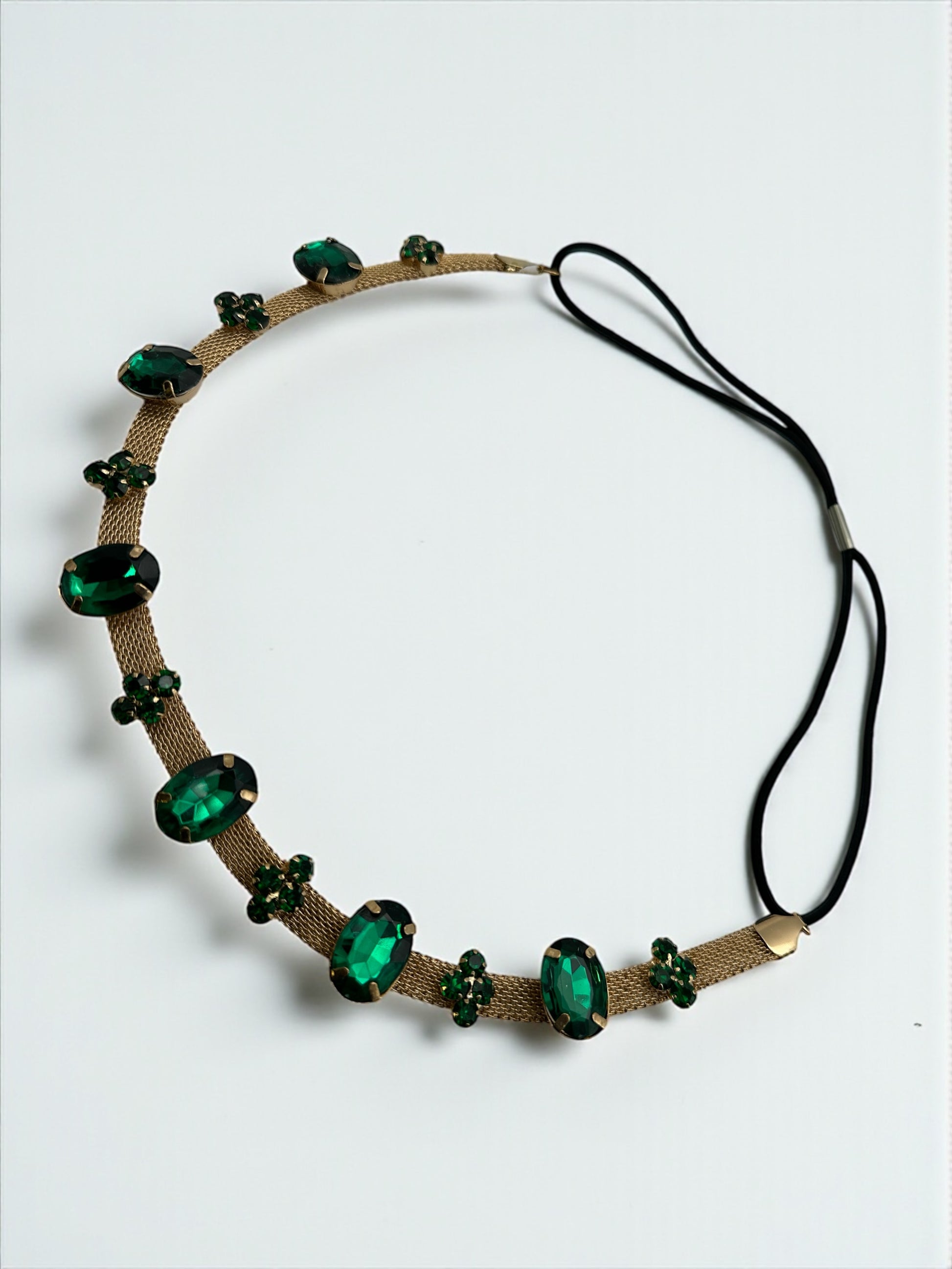 Emerald Green Crystal Gemstone Headband – Elegant Gold Mesh Hair Accessory - Fatisha Boutique #