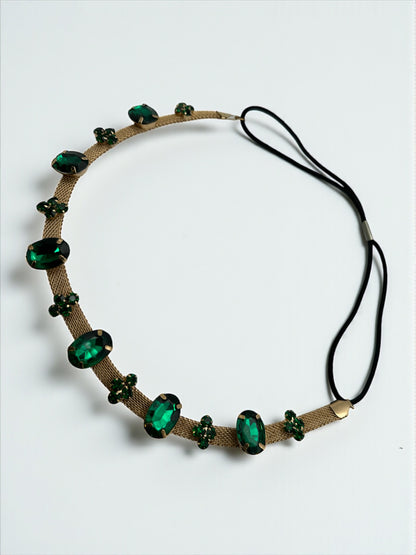 Emerald Green Crystal Gemstone Headband – Elegant Gold Mesh Hair Accessory - Fatisha Boutique #