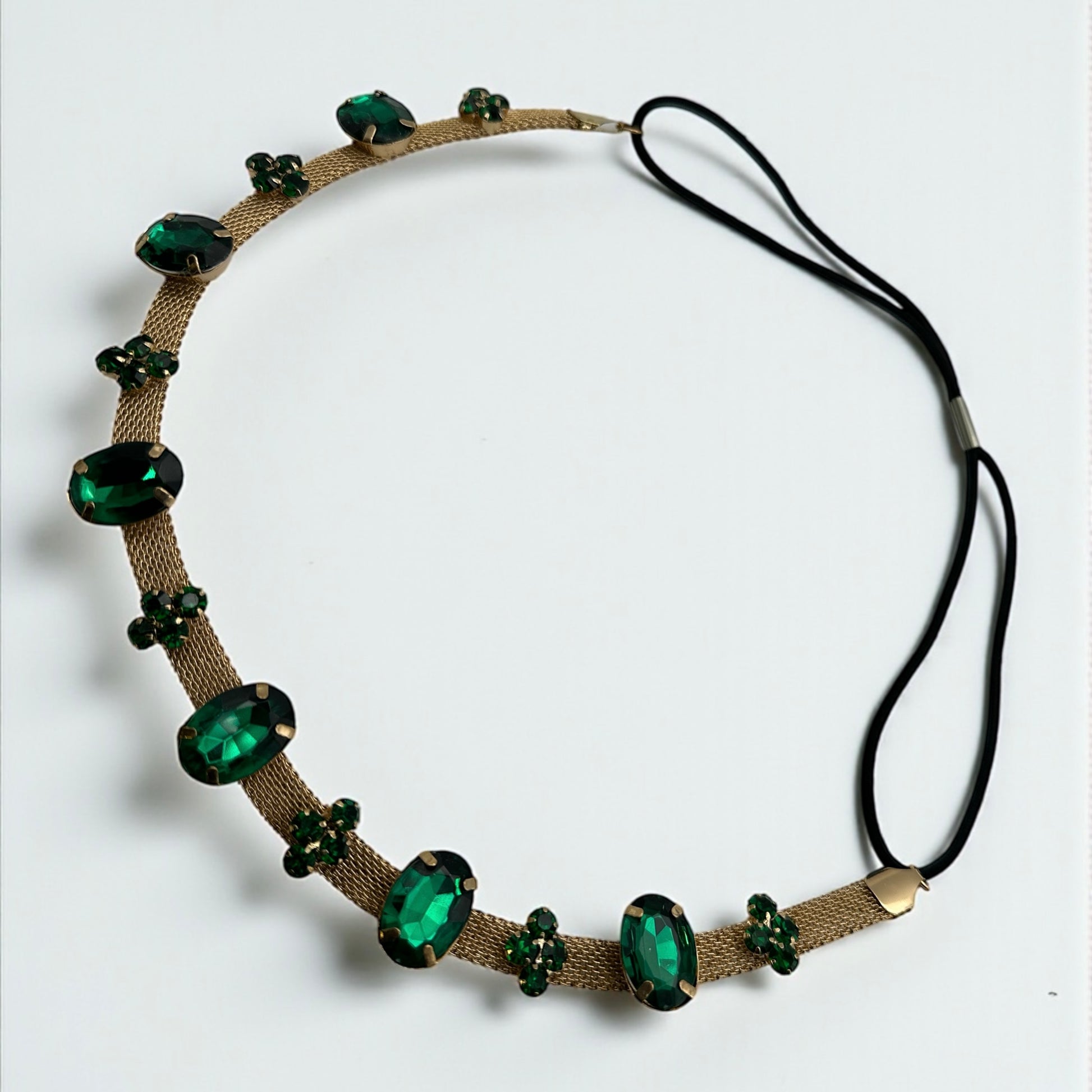Emerald Green Crystal Gemstone Headband – Elegant Gold Mesh Hair Accessory - Fatisha Boutique #