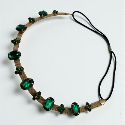 Emerald Green Crystal Gemstone Headband – Elegant Gold Mesh Hair Accessory - Fatisha Boutique #