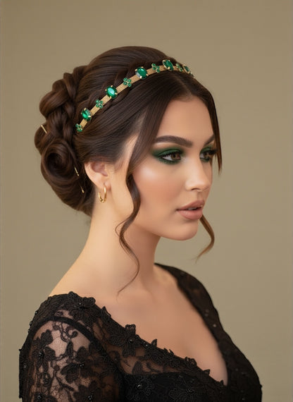 Emerald Green Crystal Gemstone Headband – Elegant Gold Mesh Hair Accessory - Fatisha Boutique #