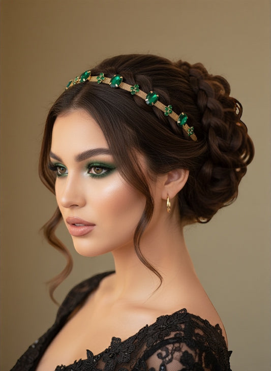 Emerald Green Crystal Gemstone Headband – Elegant Gold Mesh Hair Accessory - Fatisha Boutique #