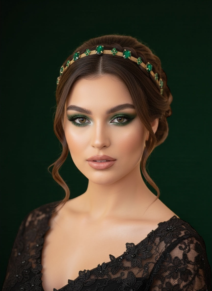 Emerald Green Crystal Gemstone Headband – Elegant Gold Mesh Hair Accessory - Fatisha Boutique #