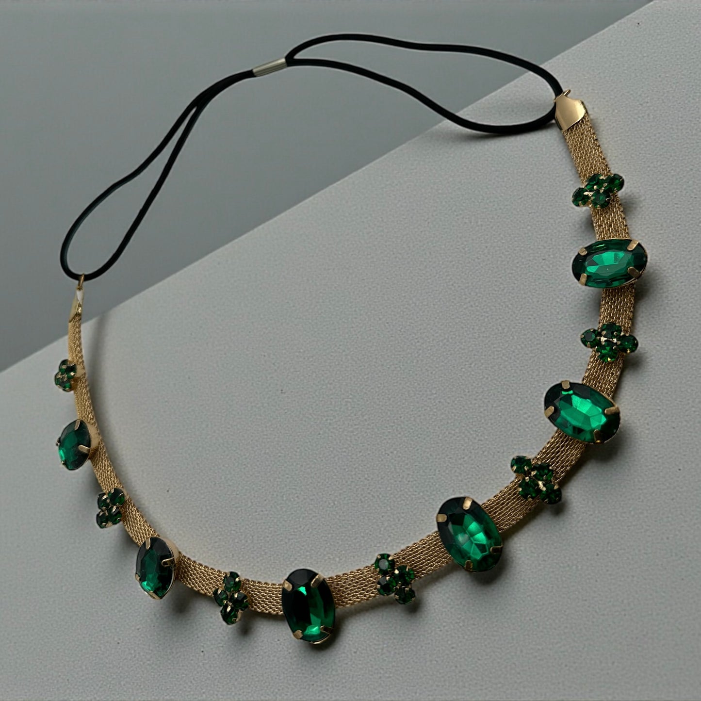 Emerald Green Crystal Gemstone Headband – Elegant Gold Mesh Hair Accessory - Fatisha Boutique #