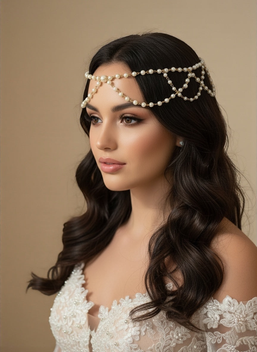 Bridal Multilayer Faux Pearl Tassel Headpiece – Boho Wedding Hair Jewellery - Fatisha Boutique #