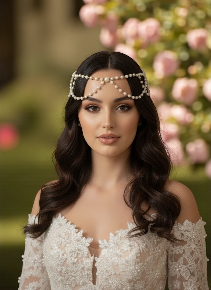 Bridal Multilayer Faux Pearl Tassel Headpiece – Boho Wedding Hair Jewellery - Fatisha Boutique #