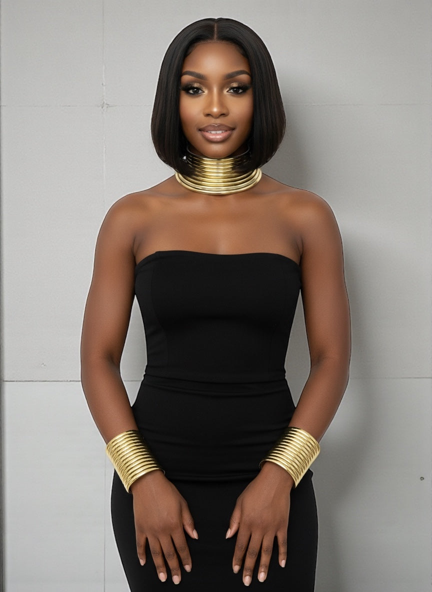 Ndebele Faux Leather Collar Choker Necklace & Cuff Set – African Statement Jewellery (Gold, Silver, Black) - Fatisha Boutique #