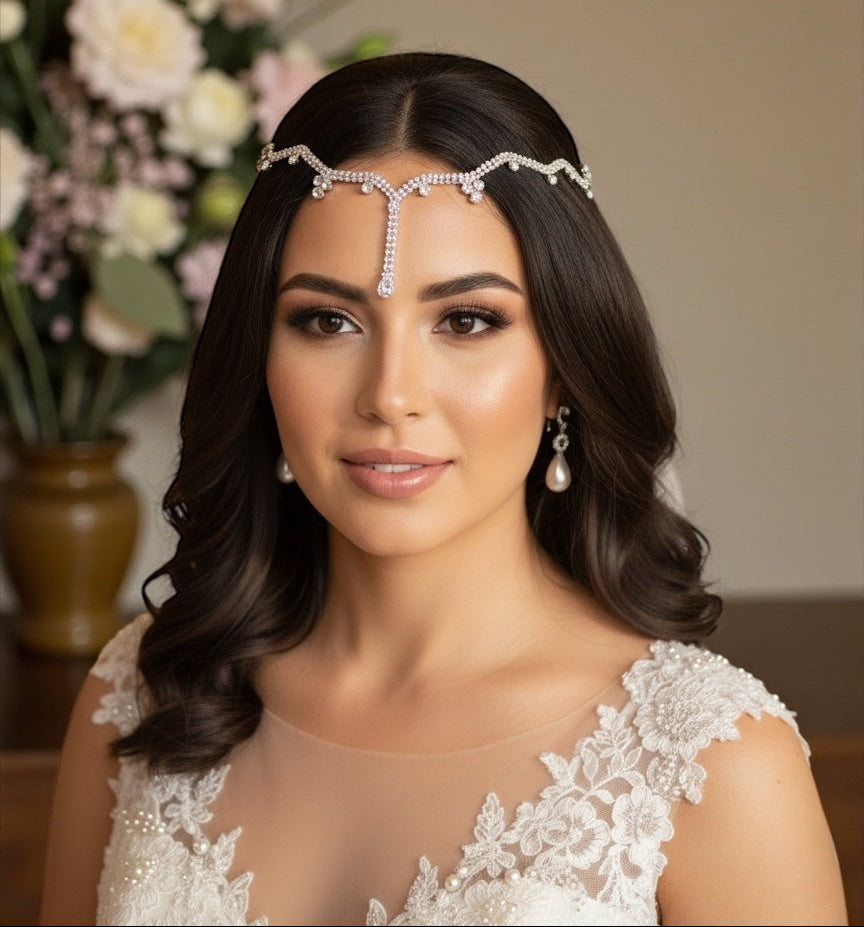 Bridal Teardrop Rhinestone Forehead Headpiece – Gold & Silver Crystal Hair Jewellery - Fatisha Boutique #