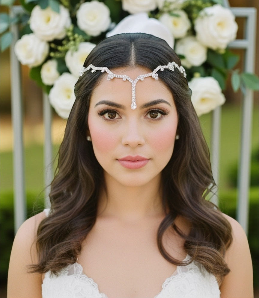 Bridal Teardrop Rhinestone Forehead Headpiece – Gold & Silver Crystal Hair Jewellery - Fatisha Boutique #
