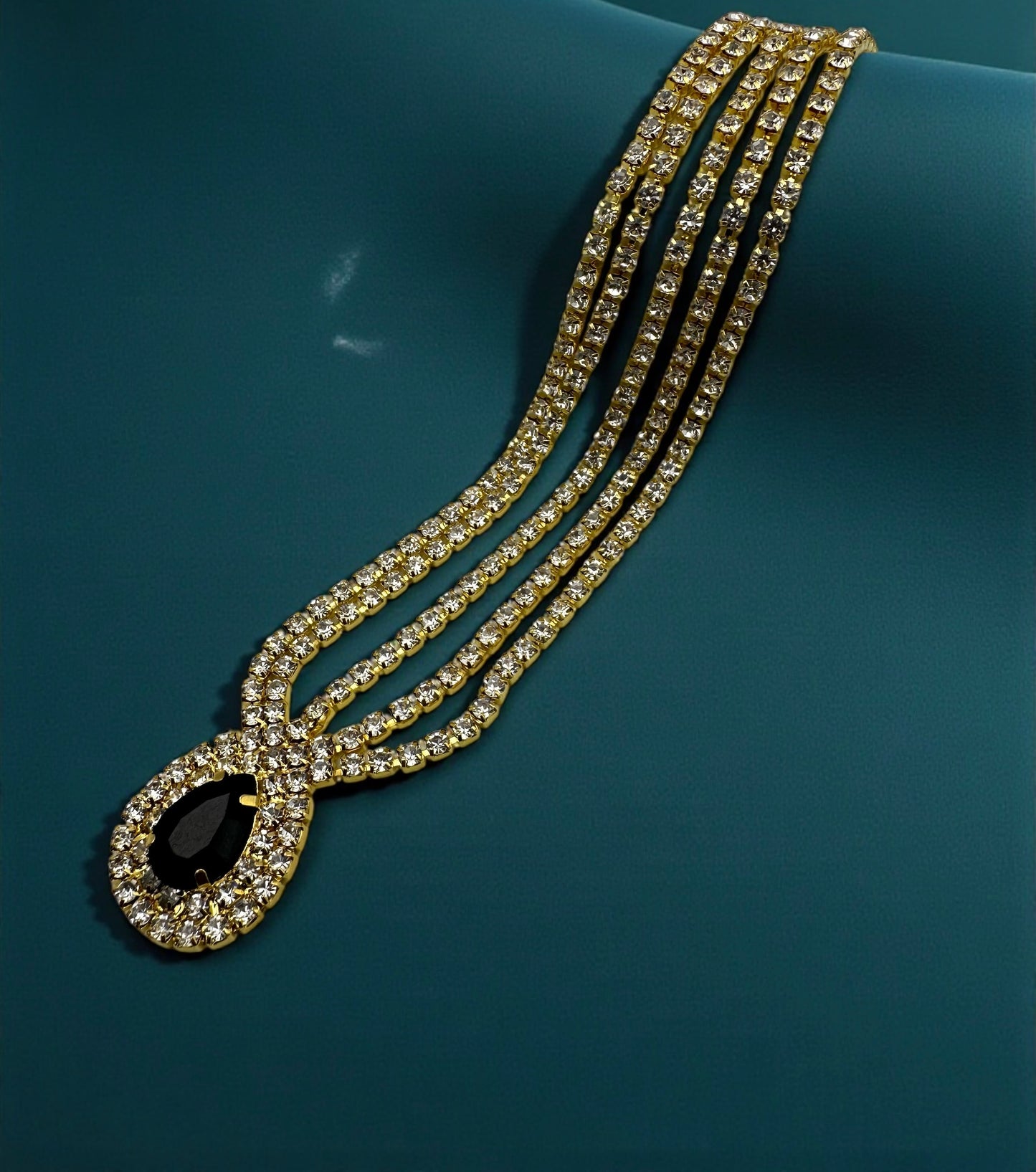 Luxury Black Crystal Teardrop Headpiece – Triple Row Rhinestone Bridal Forehead Jewellery (Gold & Silver) - Fatisha Boutique #