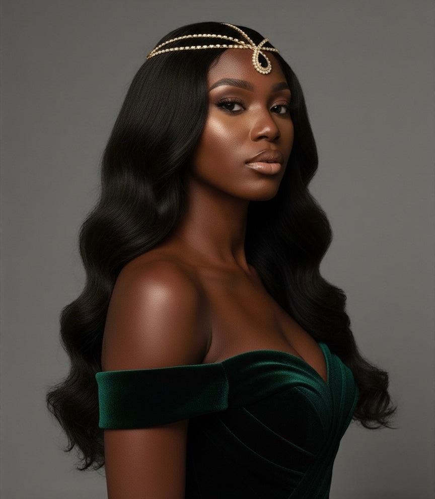 Luxury Black Crystal Teardrop Headpiece – Triple Row Rhinestone Bridal Forehead Jewellery (Gold & Silver) - Fatisha Boutique #